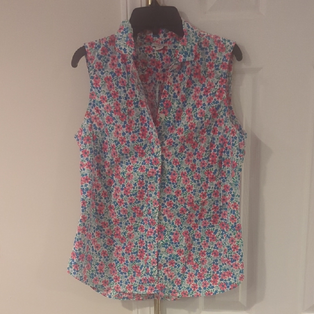 J. Crew Pink and Blue Sleeveless Button Down Shirt